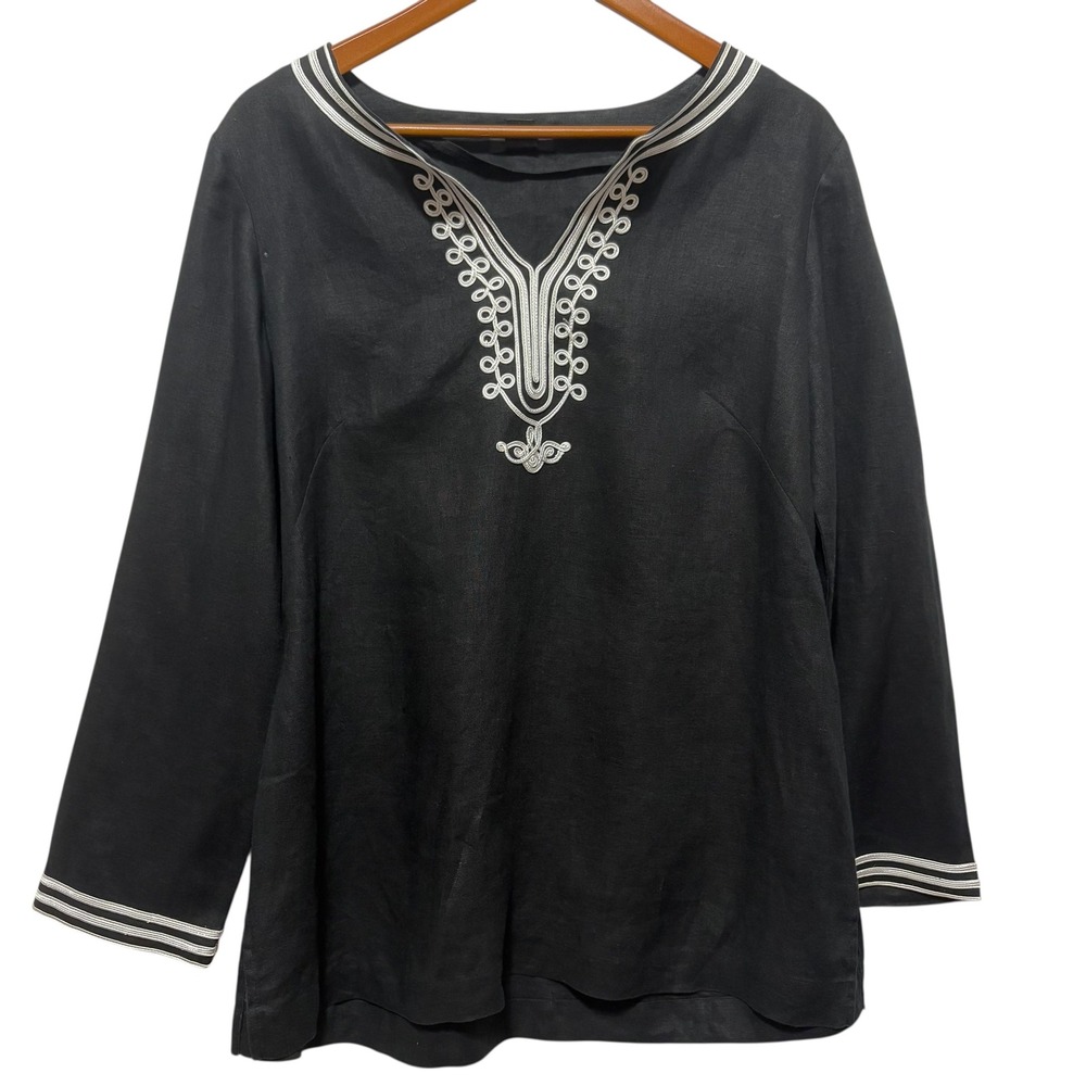 Style & Co Women Tunic Top 12P Black Linen Embroidered Boho Chic Coastal Resort